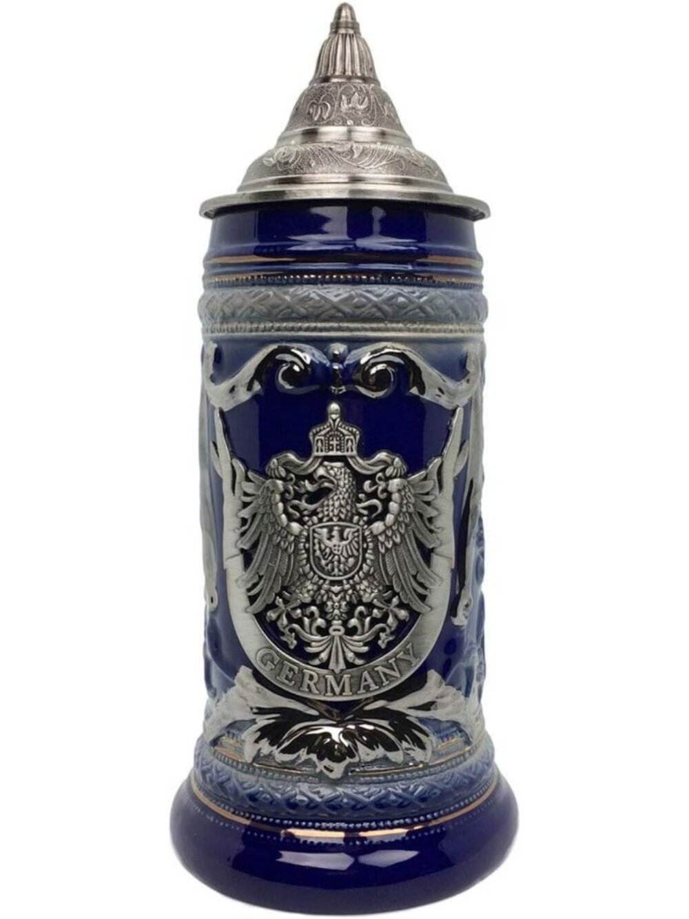 German Cobalt Blue Beer Stein Mug with Lid | Oktoberfest Eagle Design, 0.6L